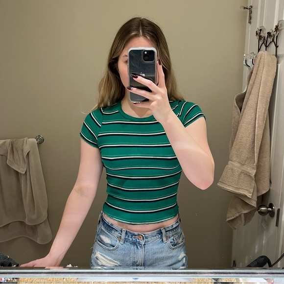 Garage Green Striped Lettuce Edge Baby Tee - Picture 2 of 4